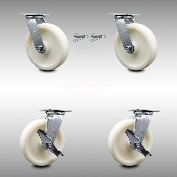 8 Inch Stainless Steel Nylon Caster Set with Roll Bearings 2 Swivel Lock 2 Brake
